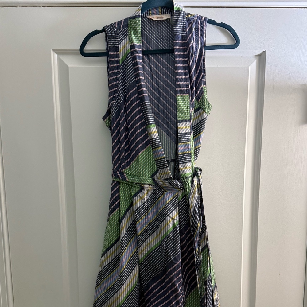 Tory Burch Overprinted Wrap Sleeveless Midi Dress Blue Green 6 - Picture 8 of 10